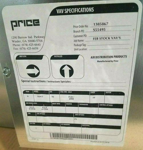 Price SDV SINGLE DUCT TERMINAL UNIT Duct Valve Damper & Hot Water Reheat