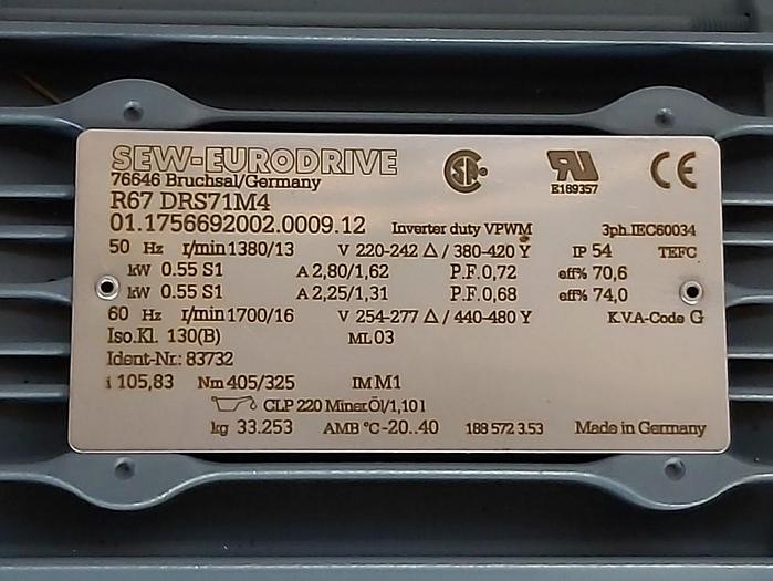 Stirnrad Getriebemotor, R67 DRS71M4, 1380/13rpm SEW Eurodrive,  neu