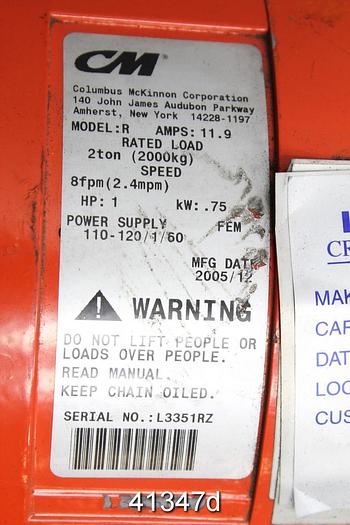 Used Columbus Mckinnon Model R Crane, Cap 2 Ton #41347