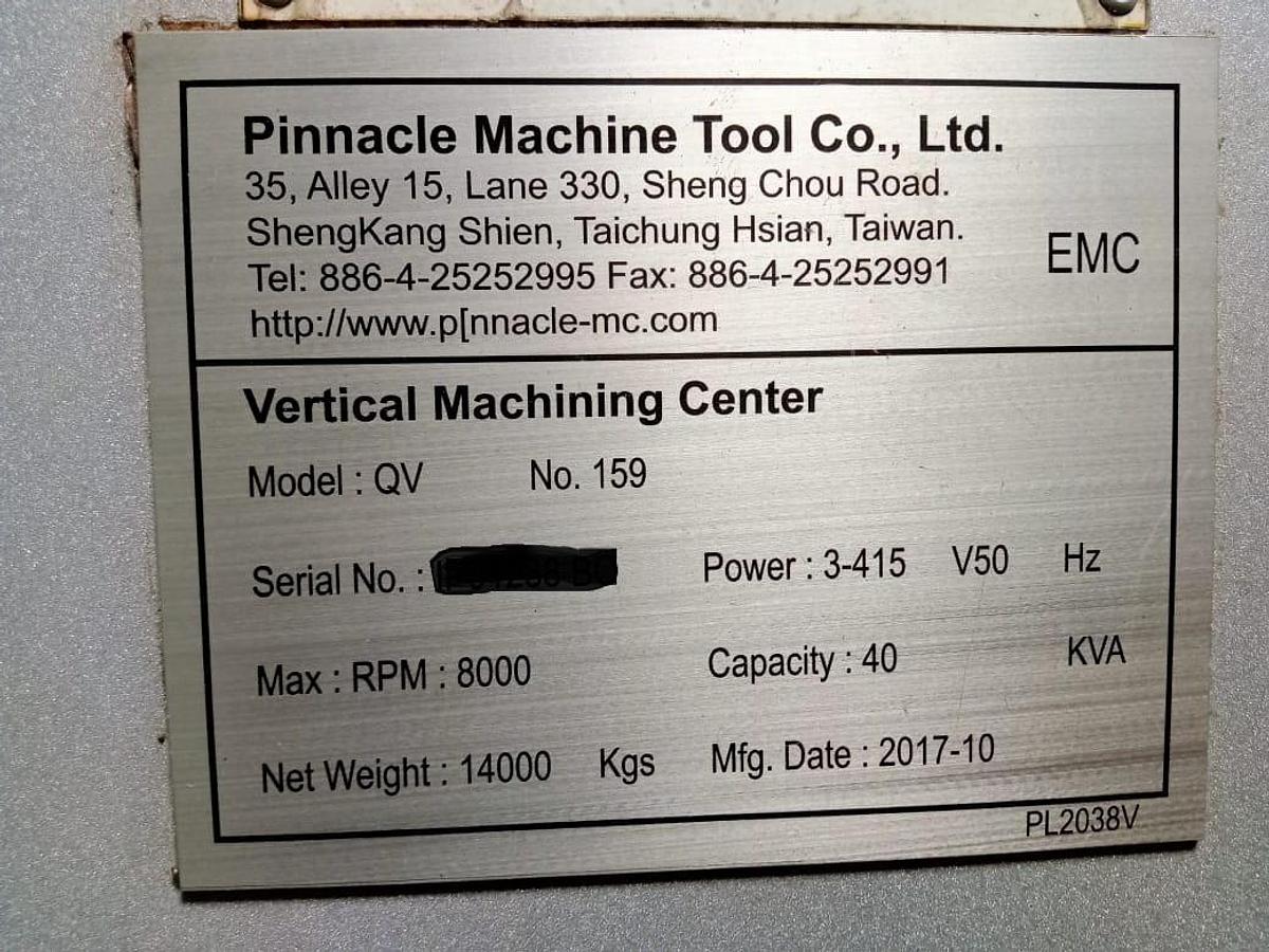 Used PINNACLE QV159 CNC VERTICAL MACHINING CENTER