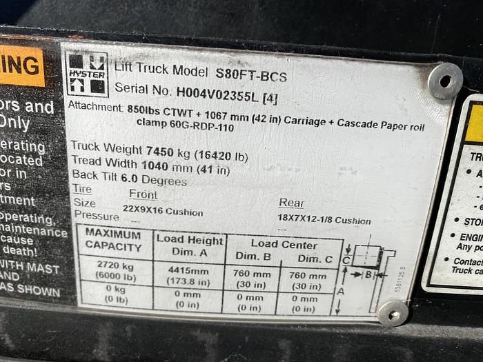 Used 8,000 POUND HYSTER MODEL S80FTBCS MFG. 2013 85" LOWERED MAST