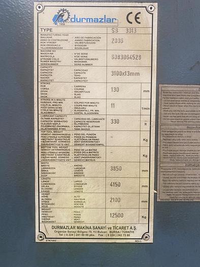 Used 2006 Durma SB3013 Guillotine Shears