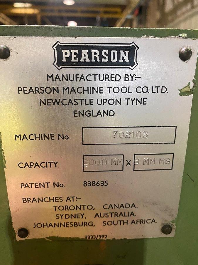Used Pearson 2000mm x 8mm Hydraulic Guillotine