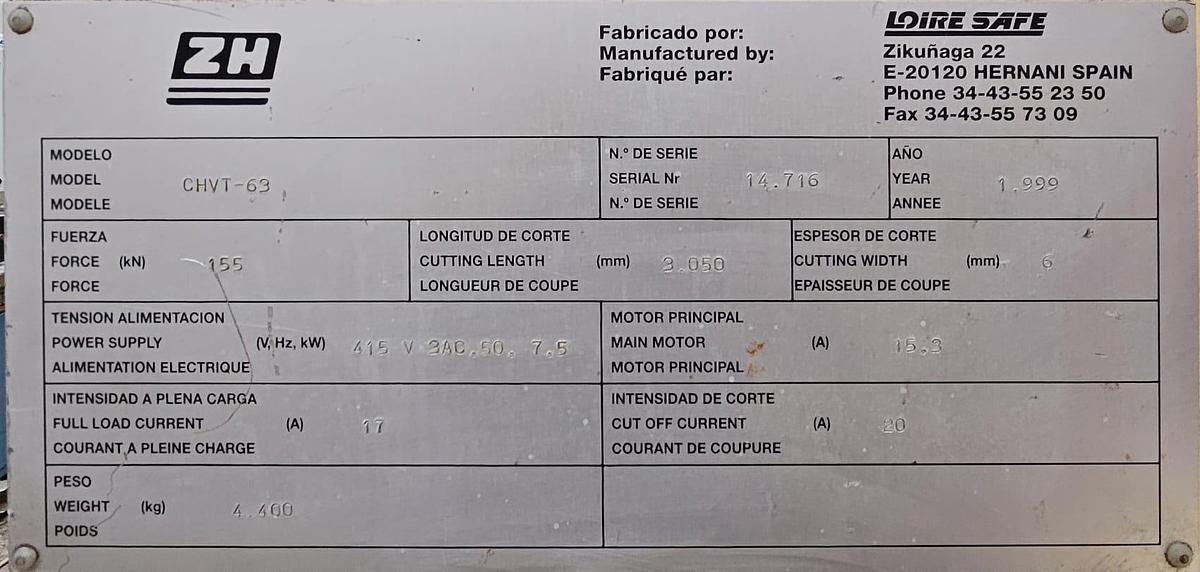 Used Loire Safe CHVT-63 3000mm x 6mm Guillotine