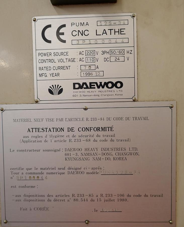 Used Daewoo Puma 12S-3A CNC Turning Centre with C-Axis & Live Tooling (1996)