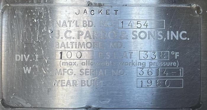 Used 250 LITER J.C. PARDO TRIPLE MOTION VACUUM KETTLE - 316 S/S - 20 PSI/FV/100 PSI JACKET