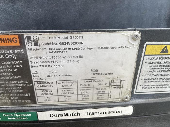 Used 13,500 POUND HYSTER MDL S135FT FORKLIFT ROLL CLAMP COMPATIBLE-SALE PENDING