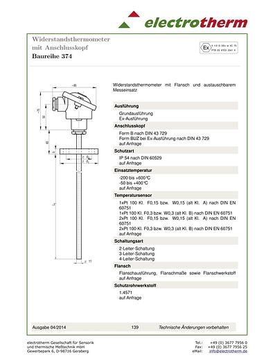Thermomètre à résistance 1xpt100, série 374, Electrotherm, L 200mm, inox, neuf