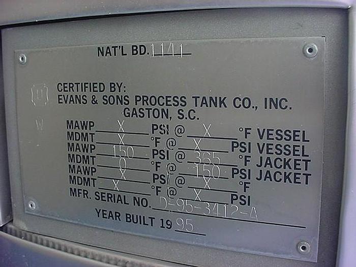 Used 500 GALLON EVANS AND SONS PROCESS TANK - S/S - JACKETED