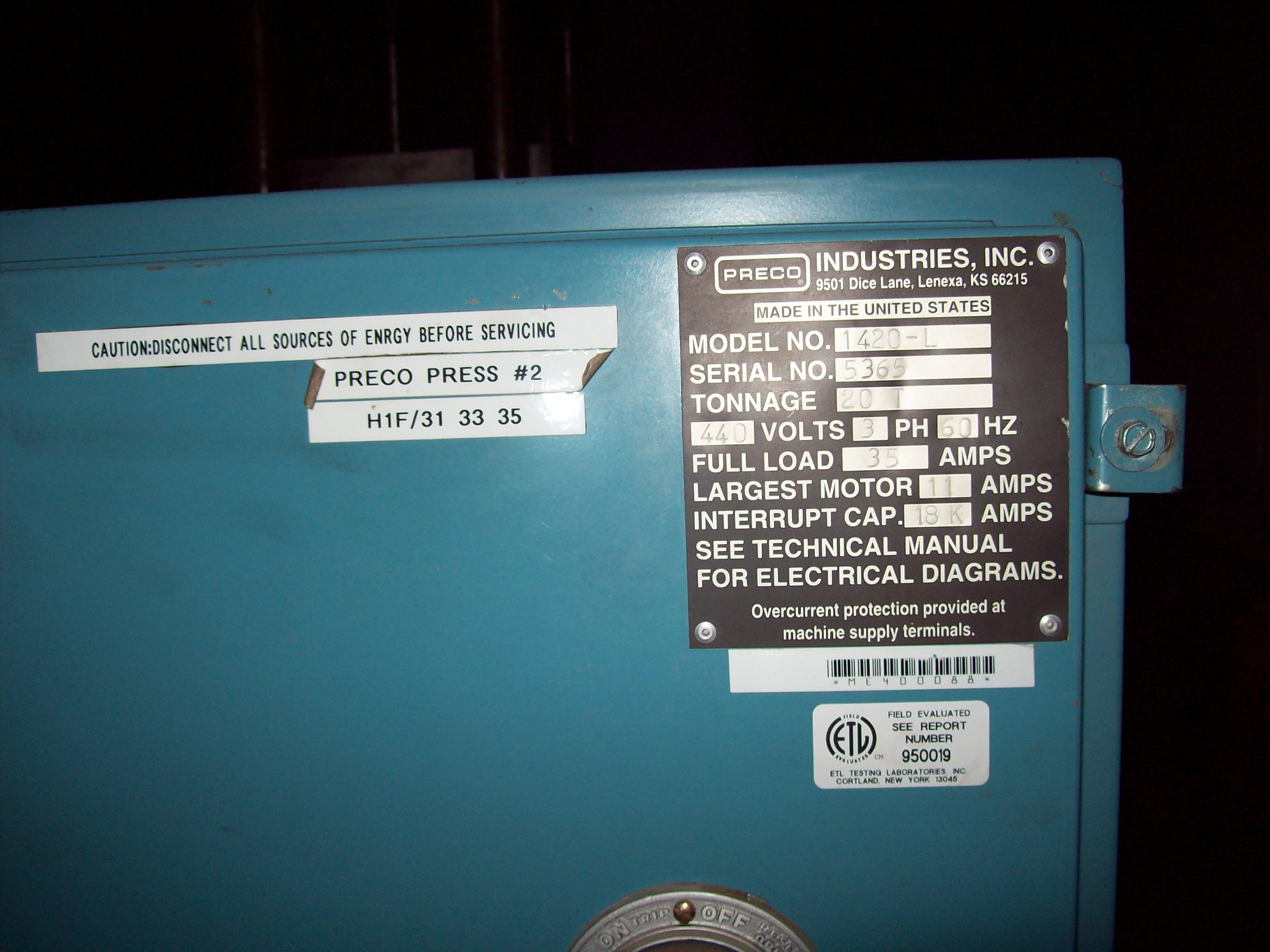 Used 20 Ton PRECO Model 1420-L 4-Post Down Acting Hydraulic Press