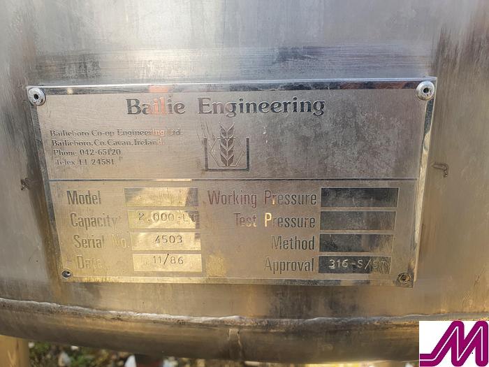 Used Bailie Engineering 2,000 Litre Stainless Steel 316 Mix Tank