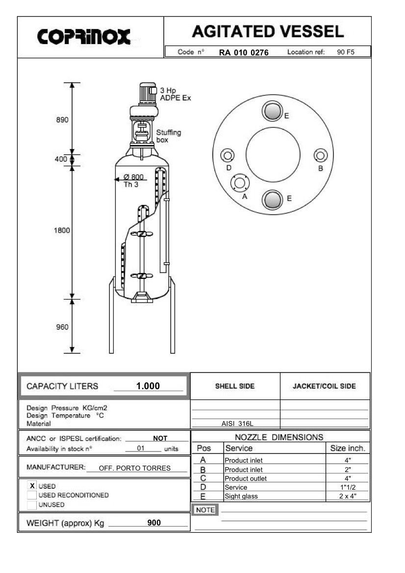 Usato Reattore Miscelatore OFF. PORTO TORRES da 1000 Litri