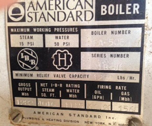 Used AMERICAN STANDARD PFA-508 OIL FIRED BOILER