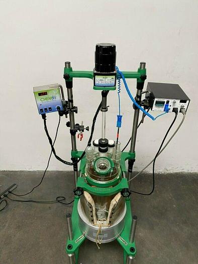 Used Chemglass 15 Liter Glass Reactor w/ Overhead Stirrer & Heating Pad & Mantle