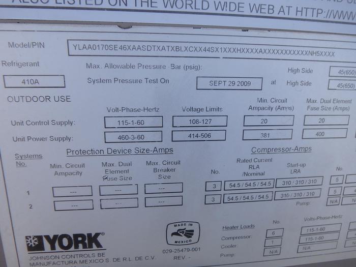 Used York YLAA0170SE46X Rooftop Chiller