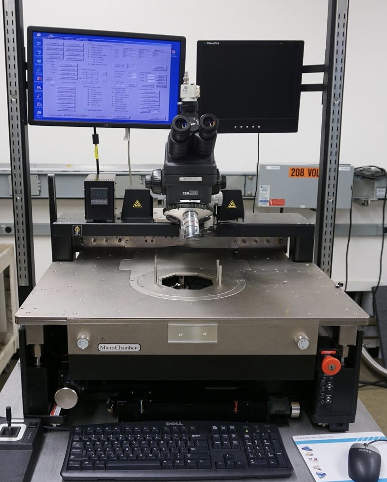 Used Cascade 12000 semiautomatic prober with 150mm thermal chuck, Motic PSM-1000 microscope and microchamber