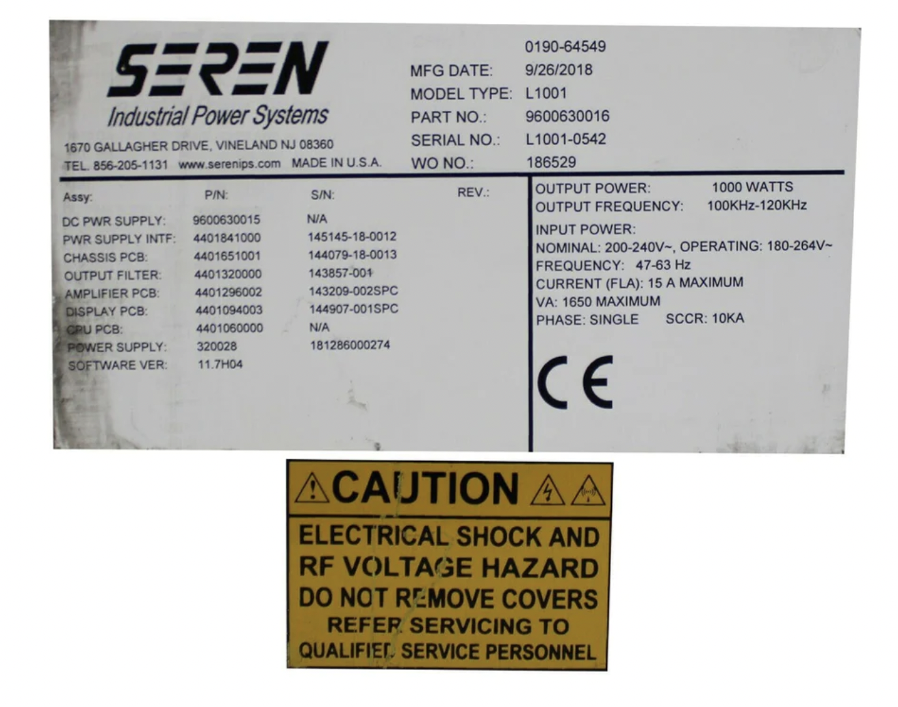 Used Seren POWER SUPPLY 1000 WATTS 47-63 HZ CONTROLLER L1001