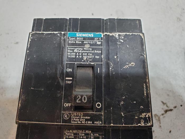 Used Siemens BQD320 20-Amp Three Pole 480Y/277V AC 14KAIC Bolt in Breaker