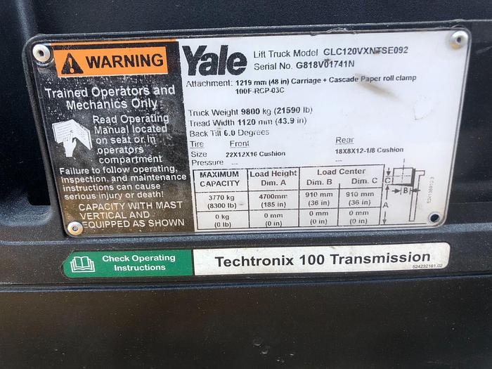 Used 12,000 POUND YALE ROLL CLAMP TRUCK MODEL GLC120VXPRS W/ 72" CLAMP MFG. 2015 RAISED MAST 185"