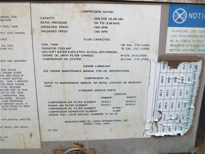 Used 1995 LeRoi EQ1600DK Air Compressor & CAT 3406C Diesel Engine