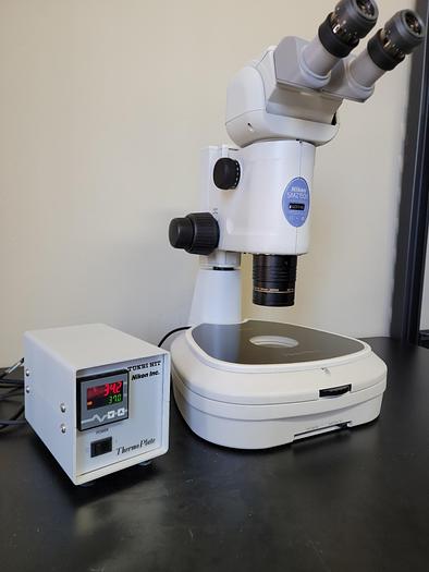 Used Nikon SMZ1500 Stereo Microscope w/ 1xWD54, C-W10XA/22, Tokai Hit Thermo Plate & Controller - Tested & Calibrated