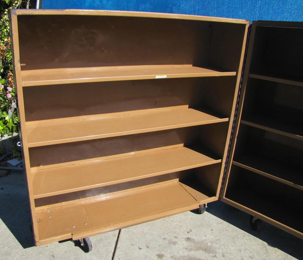 Used Knaack 100 Bi-fold Folding Rolling Storage Cabinet 65" x 30" x 60" with New Lock