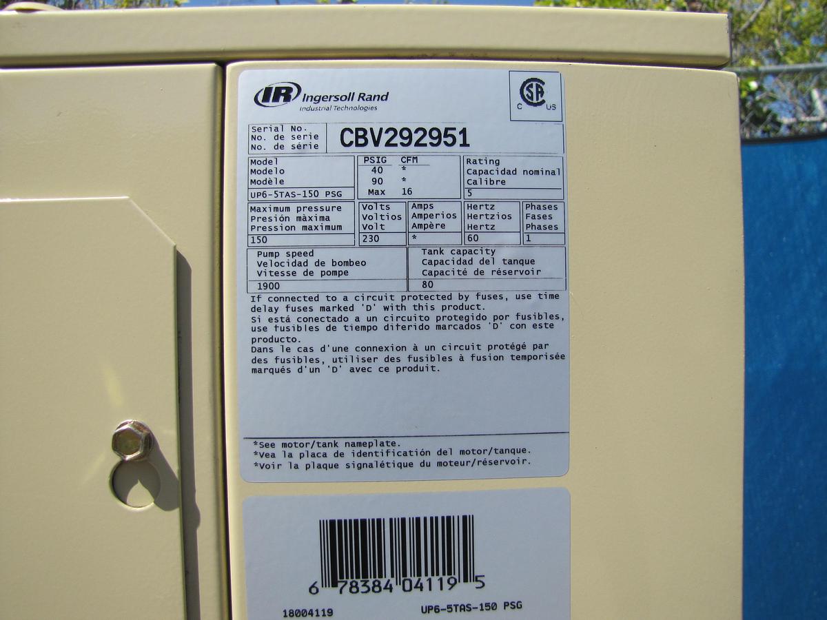 Used Ingersoll Rand 5 HP Rotary Screw Air Compressor with Dryer & 80 Gallon Tank