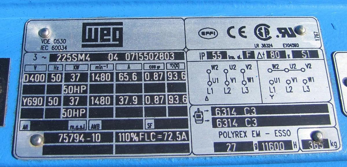 Used CompAir Hydrovane 75083-10 WEG 50 HP Electric Motor 400V 3 Phase 50Hz 1480 RPM