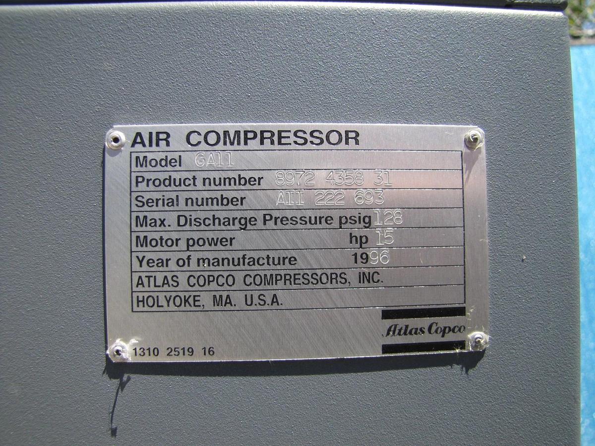 Used Atlas Copco GA11 15 HP Rotary Screw Air Compressor 460V 3 Phase 115 PSI