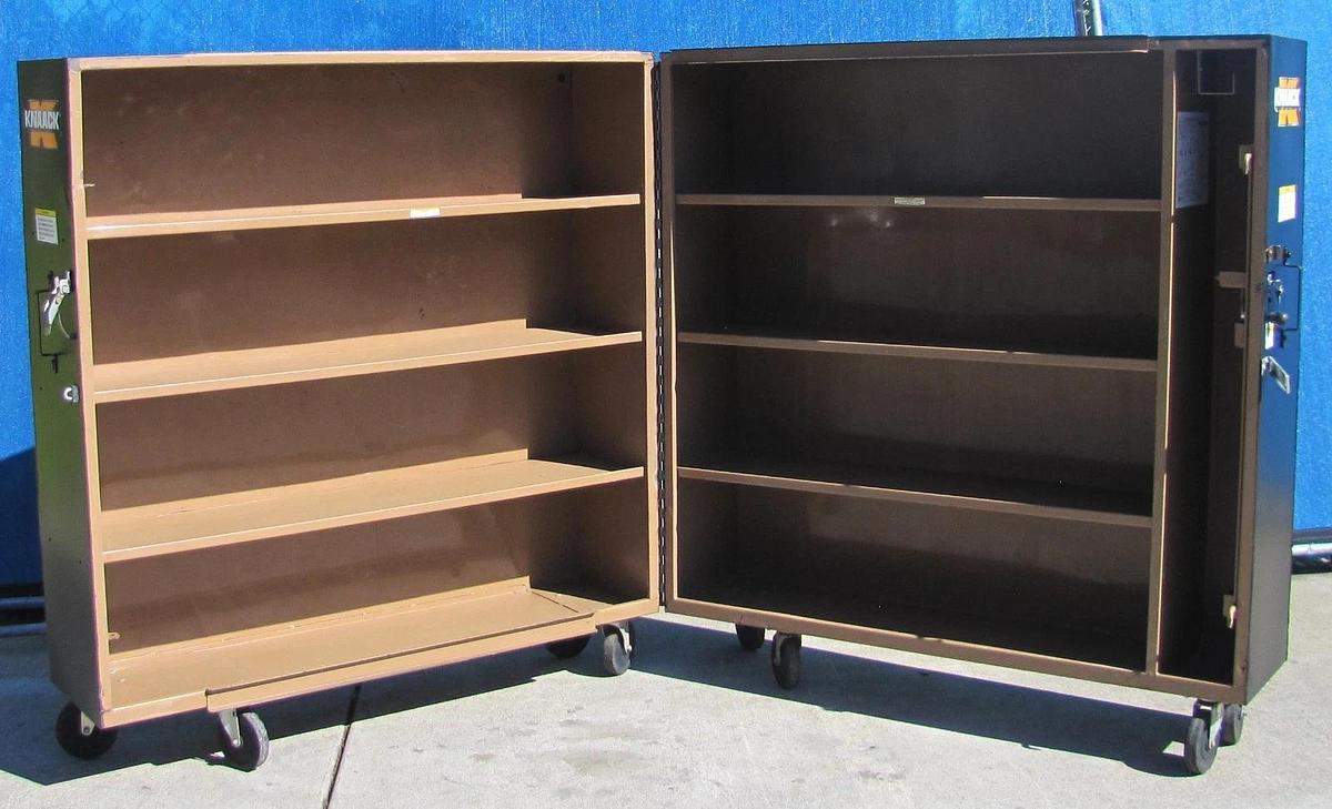 Used Knaack 100 Bi-fold Folding Rolling Storage Cabinet 65" x 30" x 60" with New Lock