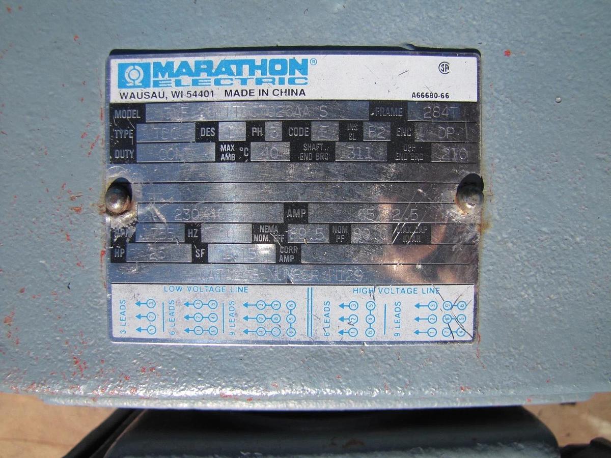 Used Marathon Electric 25 HP AC Motor 230/460V 1755 RPM 284T 3 Ph 1-7/8" Dia. Shaft