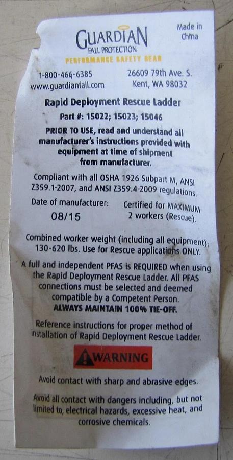 Used Guardian Fall Protection 17 Ft Rapid Deployment Rescue Ladder Rescue System