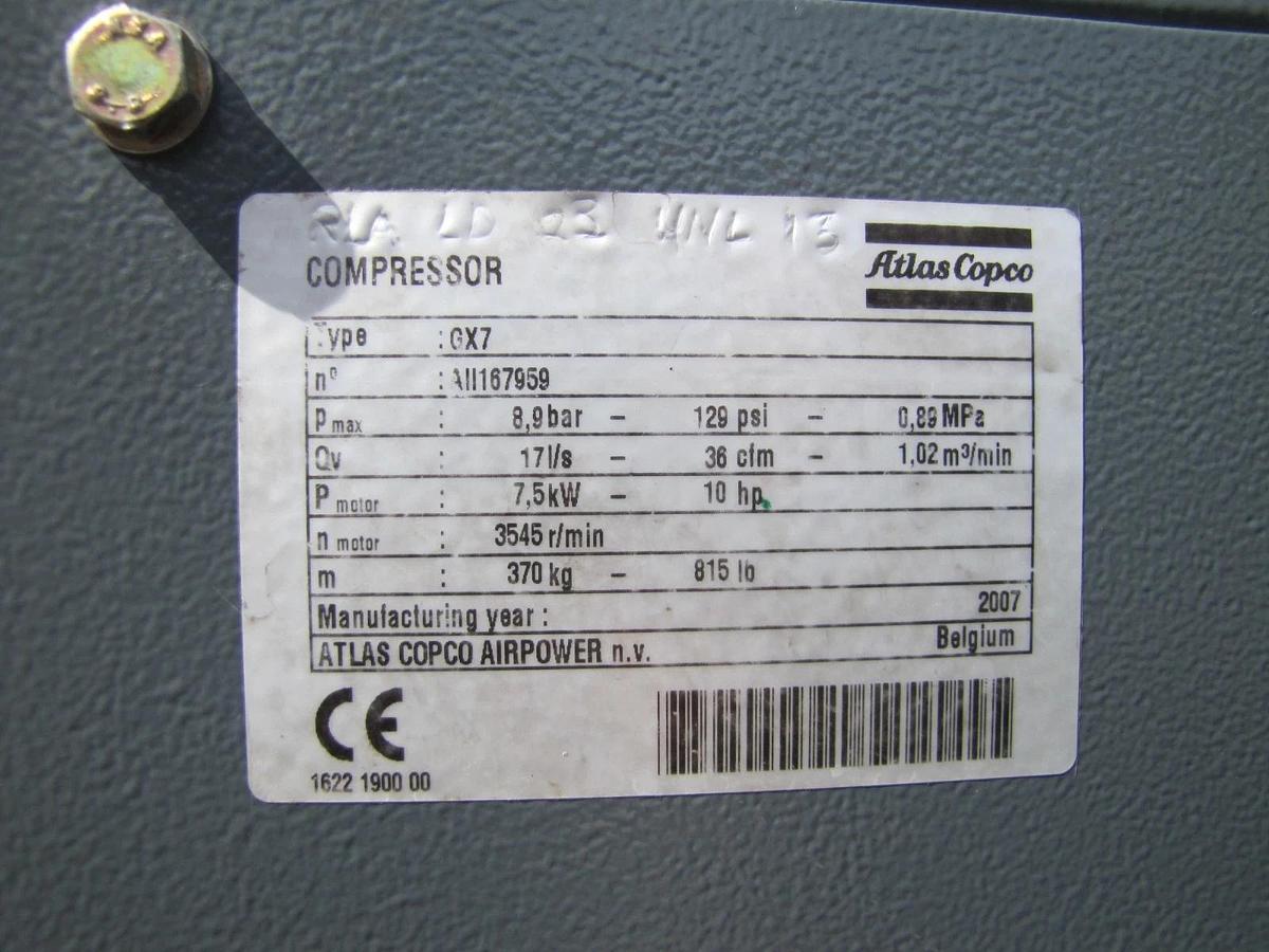 Used Atlas Copco GX7 10HP Rotary Screw Air Compressor 80 Gallon Tank Dryer 230V 3PH