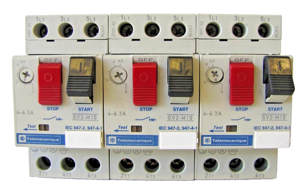 Used Lot of 3 Telemecanique 4-6.3 Amp Safety Circuit Breakers GV2-M10  3 Pole 690V