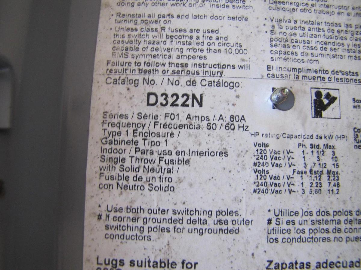 Used Square D D322N 60A 3 Pole Fusible Disconnect Safety Switch 240V 3 Phase
