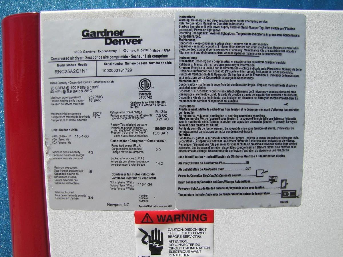 Used Gardner Denver RNC25A2C1N1 25 SCFM Refrigerated Air Dryer 115VAC 232 PSIG R134A