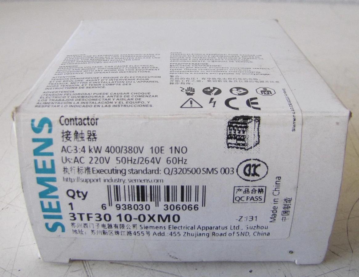 Used Siemens 3TF30 10E 9A Contactor 3 Pole 1 NO Contact 400V with 220V Coil