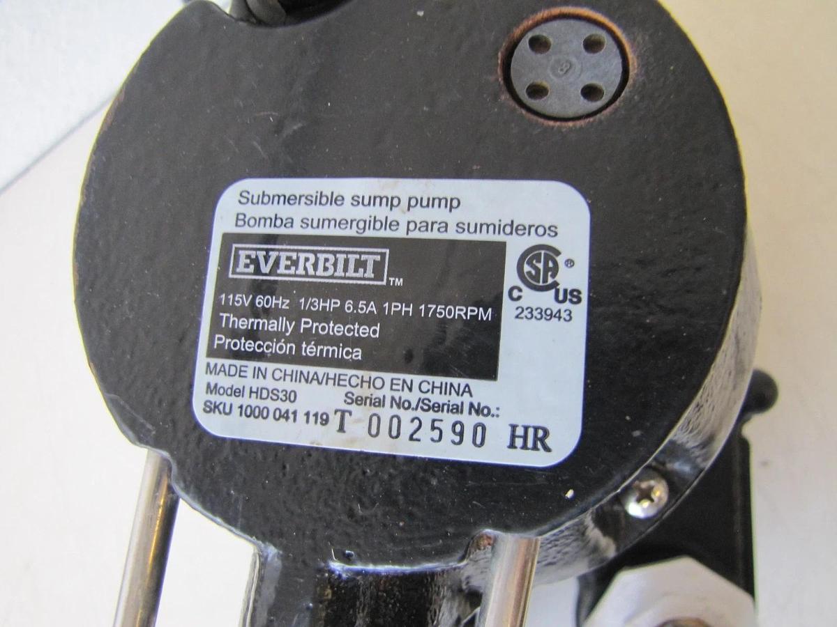 Used Everbilt Submersible Utility Sump Pump 1/3 HP 115V 6.5 Amps with Float
