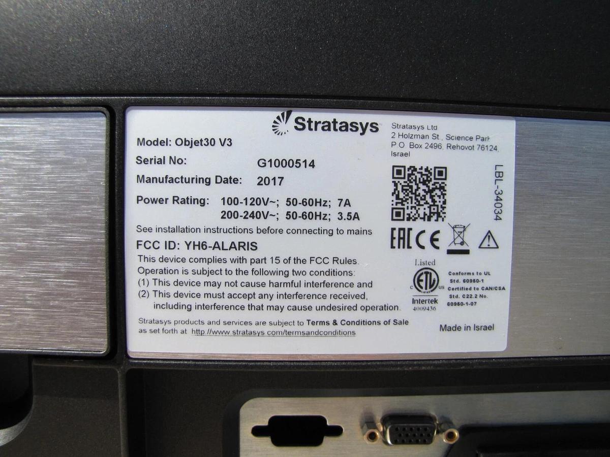 Used 2017 Stratasys 3D Printer Objet30 V3 AS IS for parts or repair Powers On