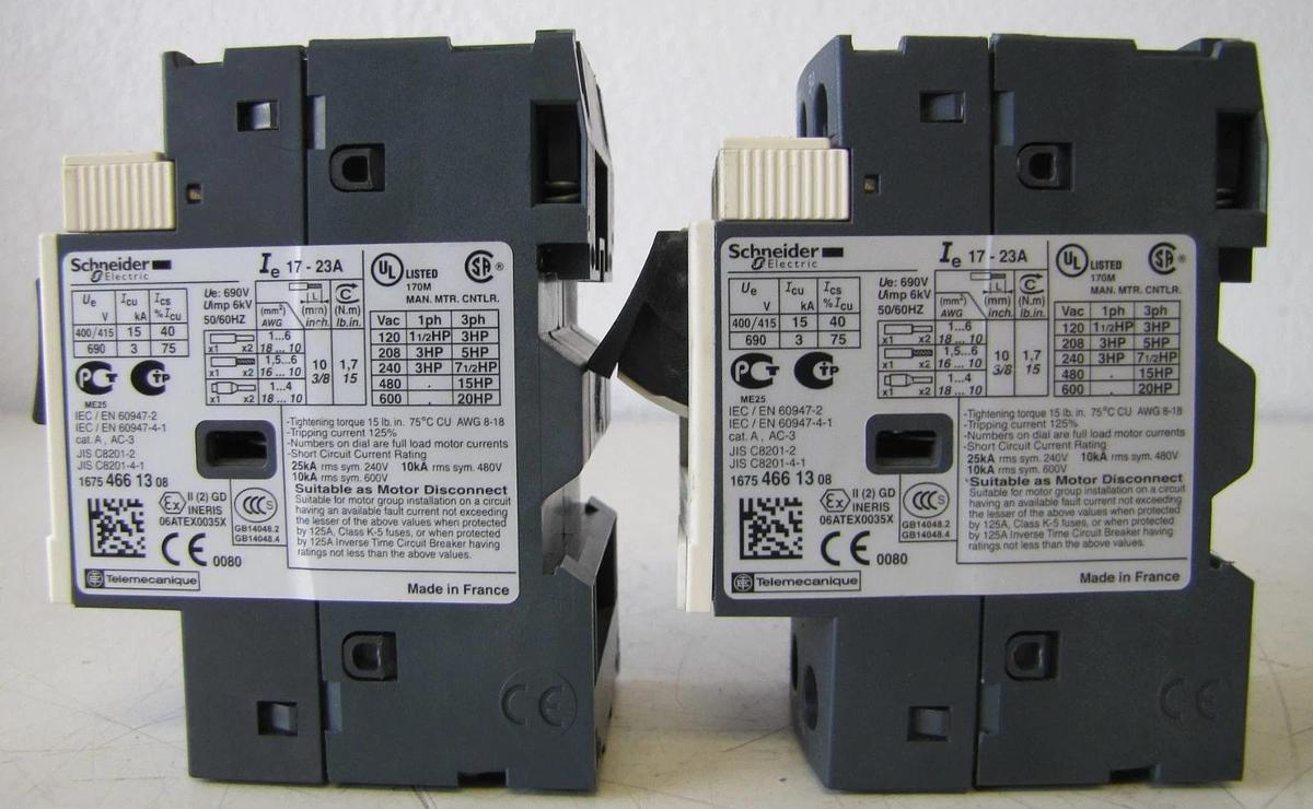 Used Lot of Two Schneider Electric 17 to 23 Amp GV2ME21 Manual Motor Starters