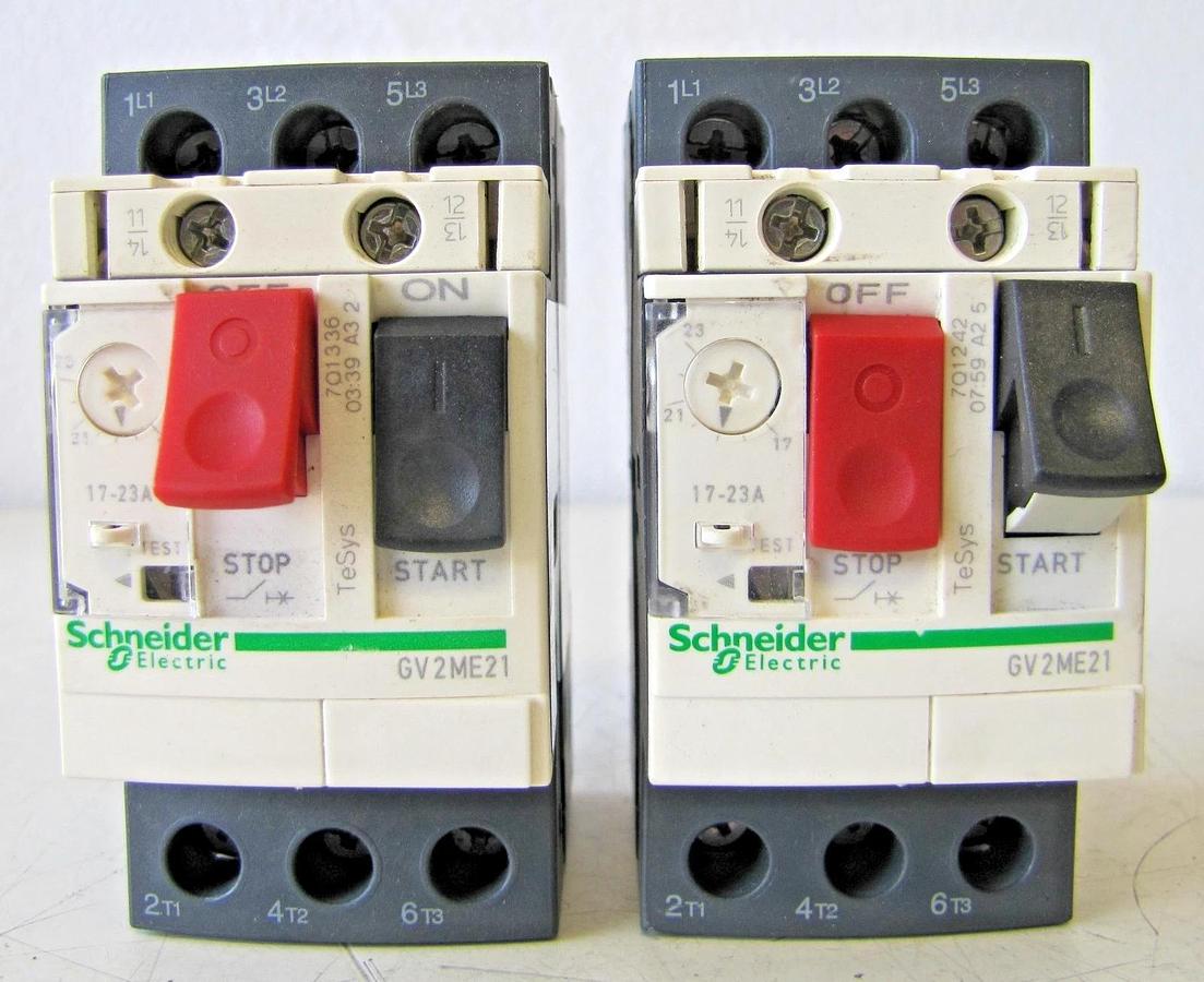 Used Lot of Two Schneider Electric 17 to 23 Amp GV2ME21 Manual Motor Starters