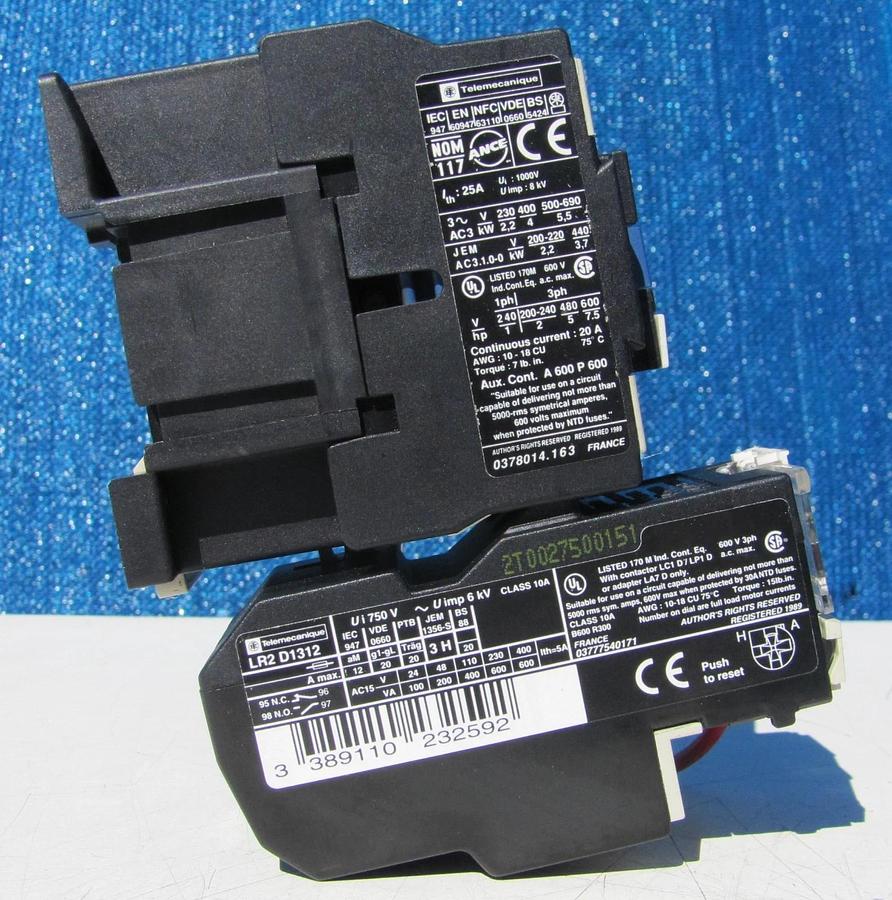 Used Telemacanique 25A Motor Sarter Contactor 120V Coil and Overload Relay