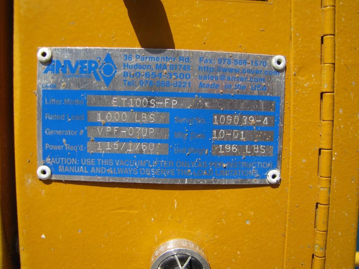 Used Anver 1000 lbs  Electric Powered Vacuum Pad Lifter Lift ET100S-FP 90° Tilting #2