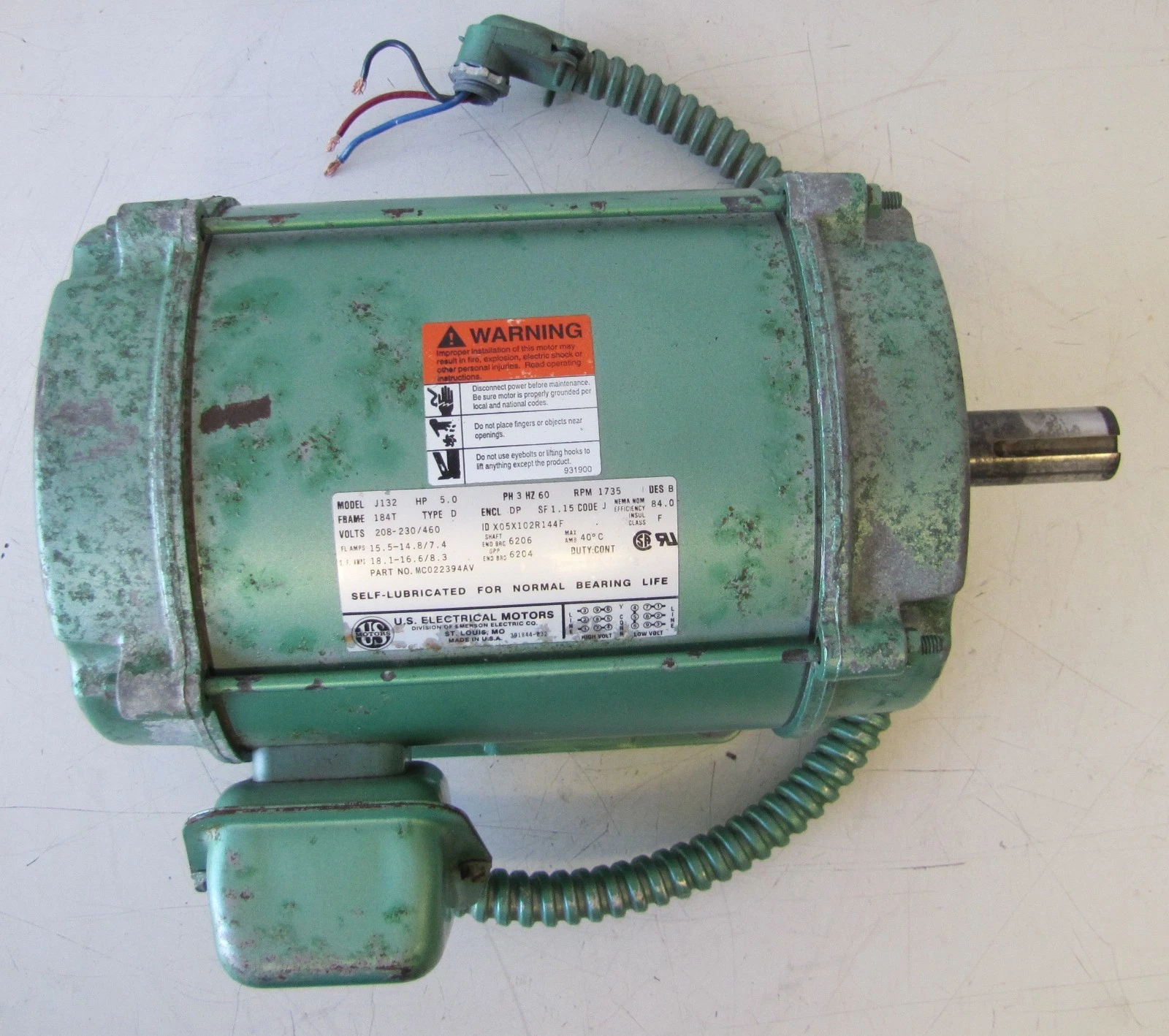 Used US Electrical 5HP Motor 208-230/460V 3 Phase 184T Frame 1735 RPM 1-1/8 Shaft