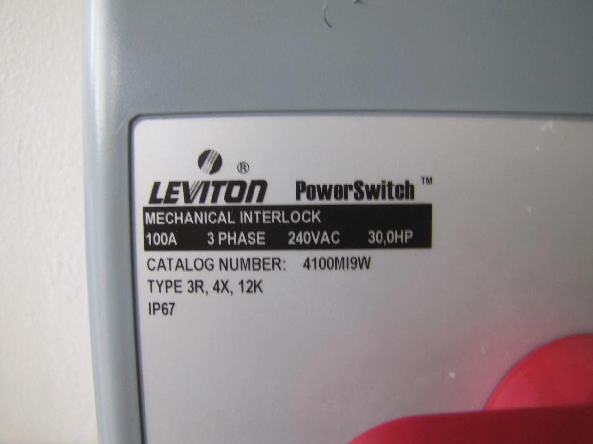 Used Leviton 100 Amp Pin & Sleeve Mechanical Interlock 240 VAC 3 PH 4100M19W Switch