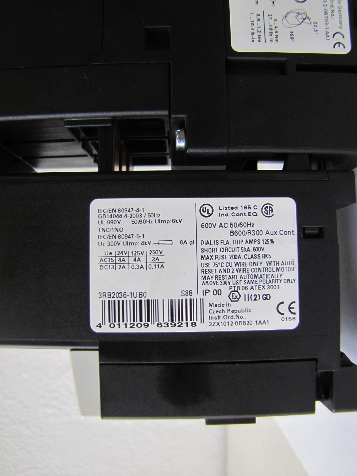 Used Siemens 50A Motor Starter 3RT1034-1A..0 24V Coil With Overload Relay 25HP 460V