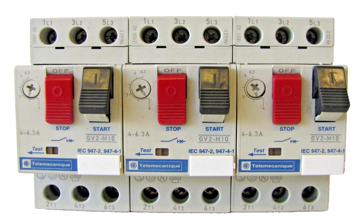 Used Lot of 3 Telemecanique 4-6.3 Amp Safety Circuit Breakers GV2-M10 3 Pole 690V