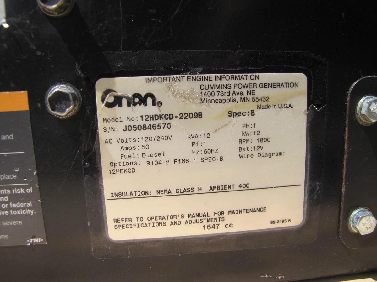 Used Onan 12KW Commercial Mobile RV Diesel Generator Kubota D1703 120/240V Output