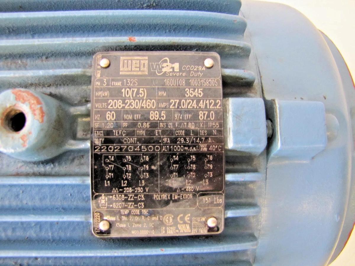 Used WEG 10HP Electric Motor 208-230/460V 3 Phase AC 3545 RPM 123S 1-3/8" Dia Shaft