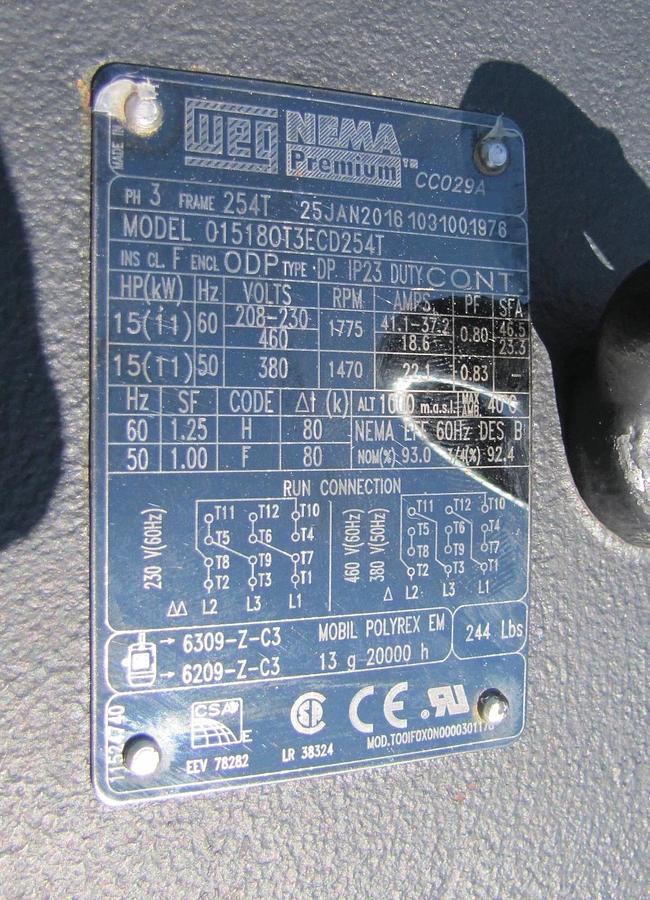 Used WEG 15 HP Electric Motor 208-230/460V 3 Phase 254T 1775 RPM 1-5/8" Shaft Dia.